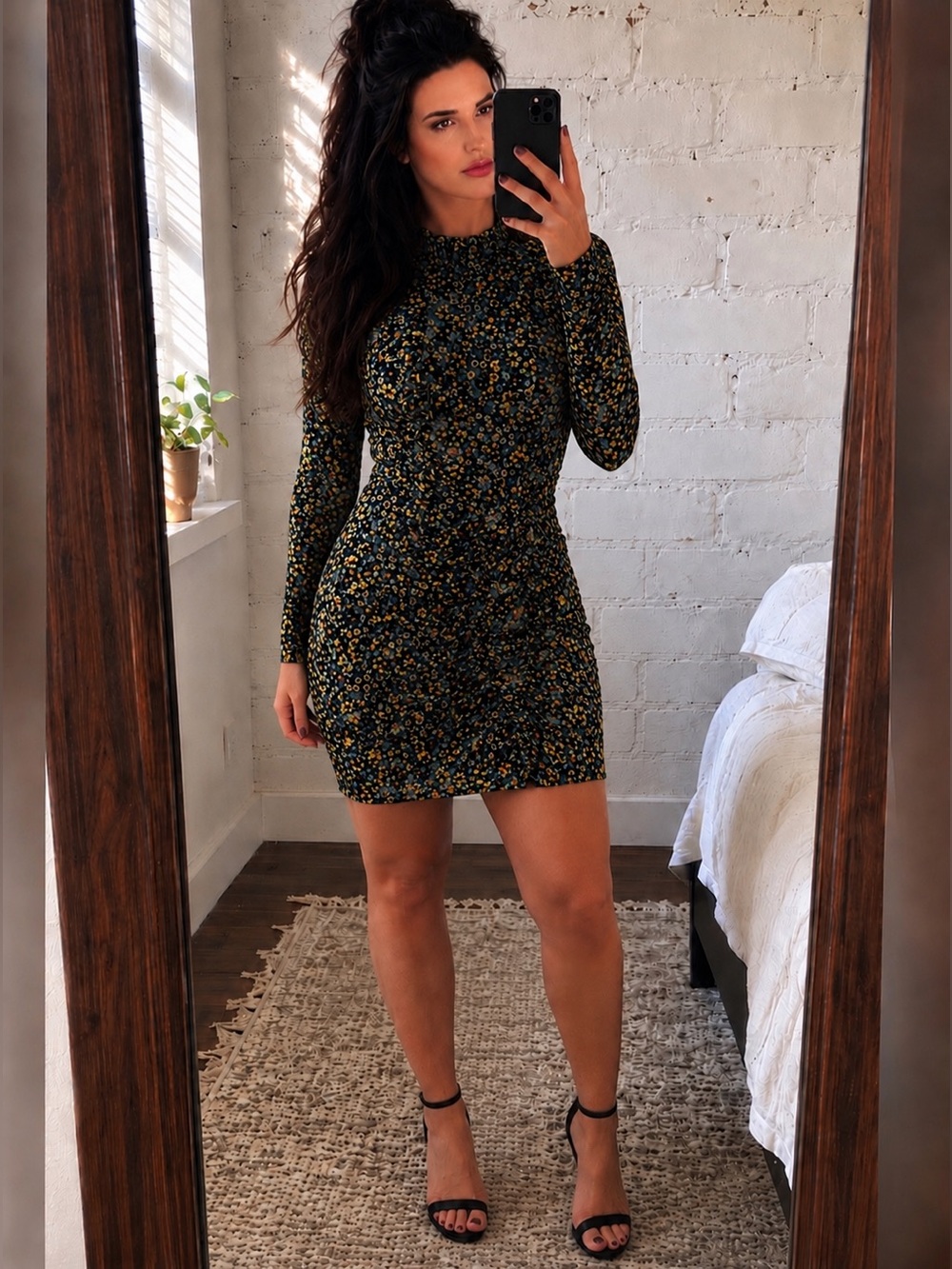 NWT Floral Mesh Ruched Bodycon Mini Dress Mock Neck Long Sleeve Size 12